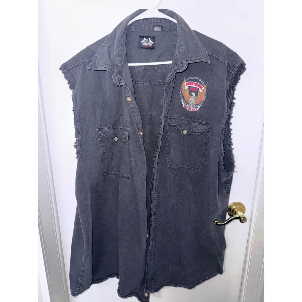 Vintage 2005 Daytona Beach Bike Week Sleeveless Denim Shirt Biker Design 4XBlack
